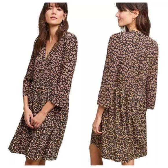 Maeve Anthropologie Juno Leopard Animal Print Dress Size XL Tunic Brown Fall M9 - Picture 1 of 7